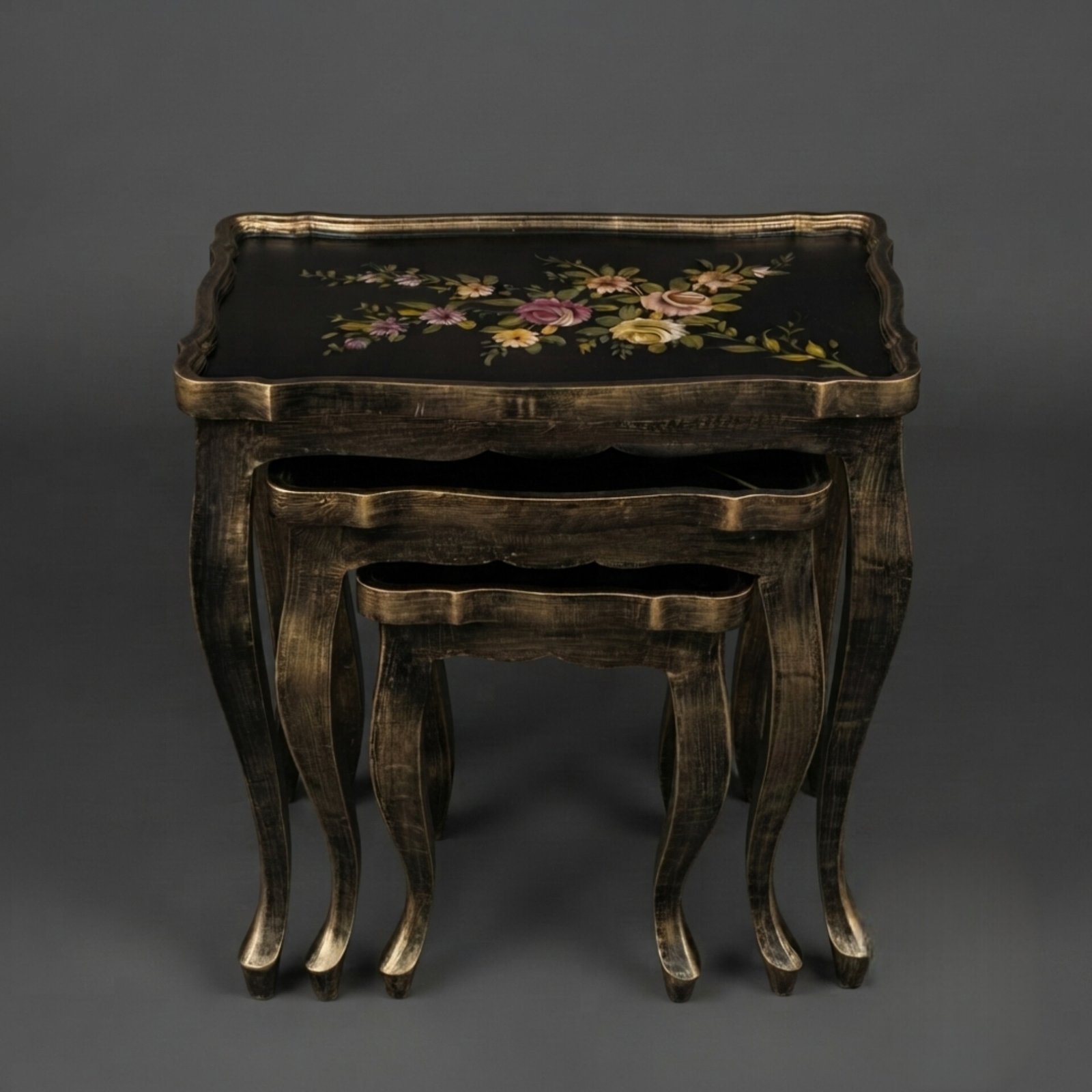 InShot_20260829_111251574 Antiqued Gold & Black Floral Nesting Tables - Image 1