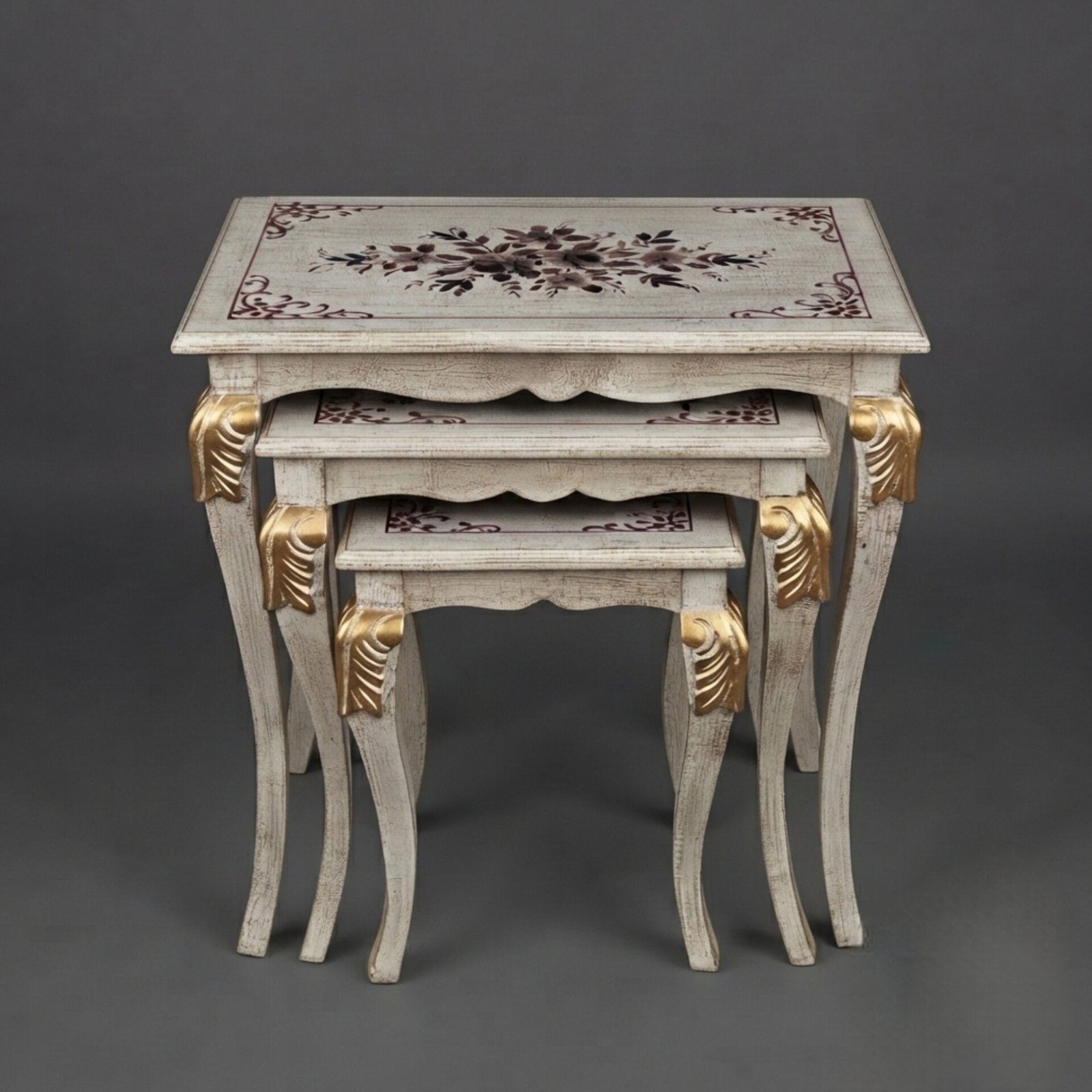 InShot_20260829_111431713 Distressed White Floral Nesting Tables with Gold Accents - Image 1