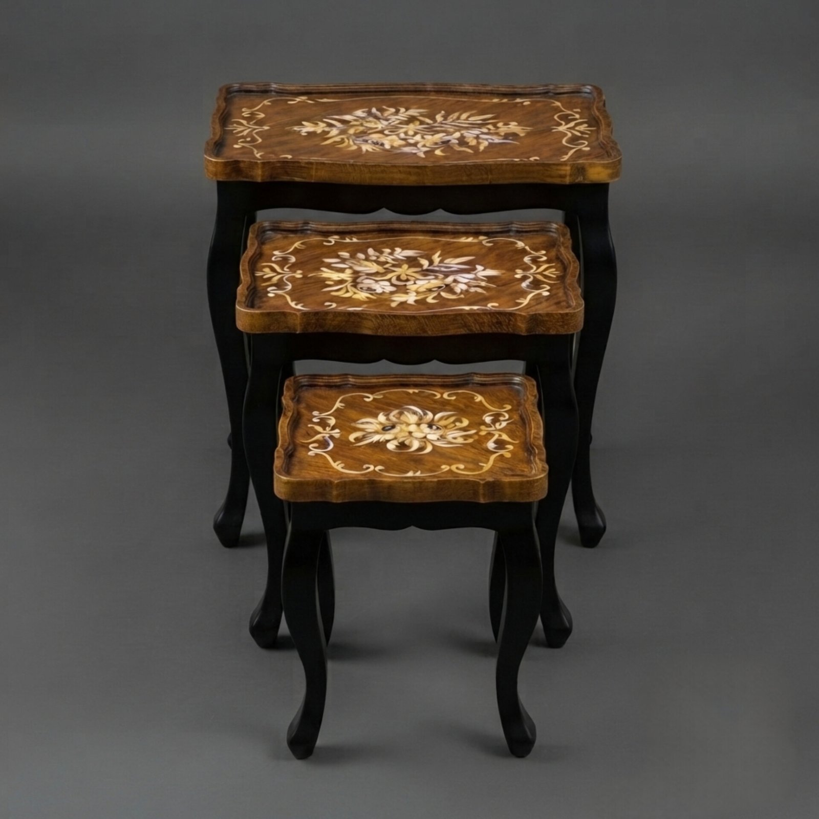 InShot_20260829_111524666 Burl Wood & Black Floral Marquetry Nesting Table - Image 1