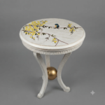 Distressed White Botanical Coffee Table with Gold Orb Base
