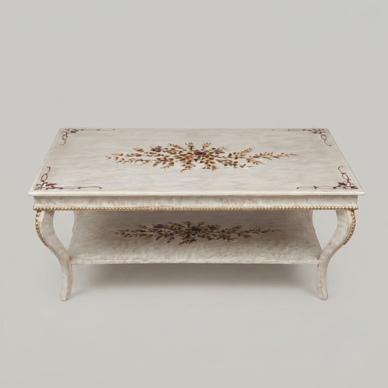 59534 Vintage Whitewashed Floral Center Table with Lower Shelf - Image 1