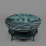 Distressed Teal Nautical Center Table with Painted Sailboats