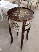Title: White and Brown Scrollwork Round Bedside Table - Image 2