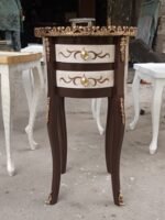 Title: White and Brown Scrollwork Round Bedside Table - Image 3