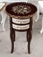 Title: White and Brown Scrollwork Round Bedside Table - Image 4