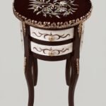Title: White and Brown Scrollwork Round Bedside Table