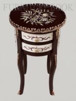 Title: White and Brown Scrollwork Round Bedside Table