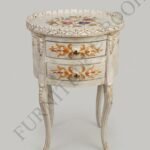 Title: Off-White Gold-Accented Floral Round Bedside Table