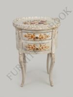 Title: Off-White Gold-Accented Floral Round Bedside Table
