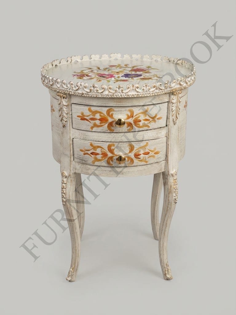 IMG-20260927-WA0030 Title: Off-White Gold-Accented Floral Round Bedside Table - Image 1