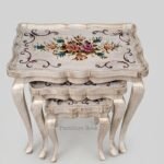 Roses and Floral Pattern White Nest of Three Tables