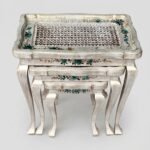 White Wash Cane Work Top Nest of Three Tables