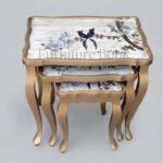 Golden Frame Bird Art Painted Nest of Three Tables