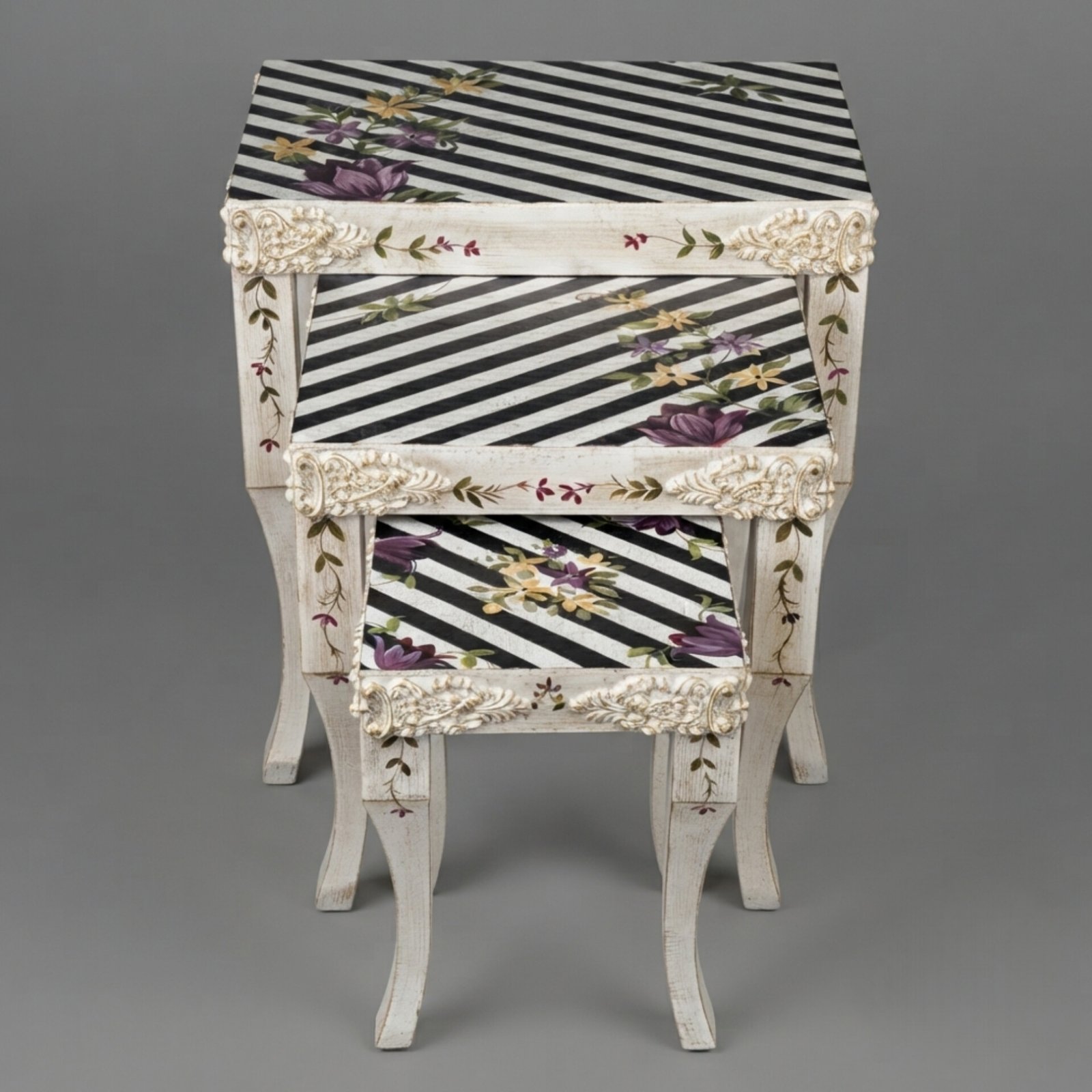 InShot_20260902_095205081 Striped Floral Carved Distressed Nesting Tables - Image 1